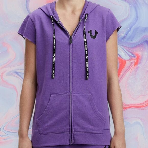 True Religion Women's Zip-Up Hoodie Sweatshirt XS NWT Short Sleeves  Purple - Picture 2 of 15
